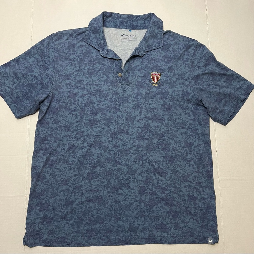 Peter Millar Polo Shirt Mens Medium Blue Floral Print Rugby Casual